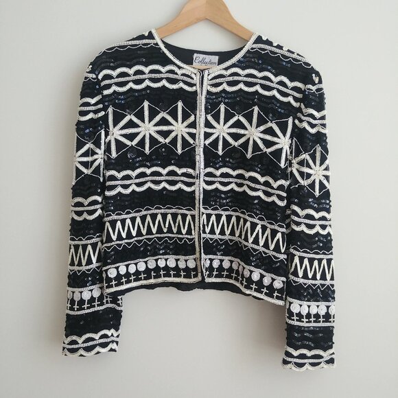 Vintage 100% silk hand beaded cardigan jacket white black sequins beads XL - Picture 1 of 16